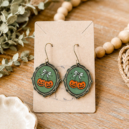 Hand Painted Vintage Framed Pumpkin Cherry Earrings