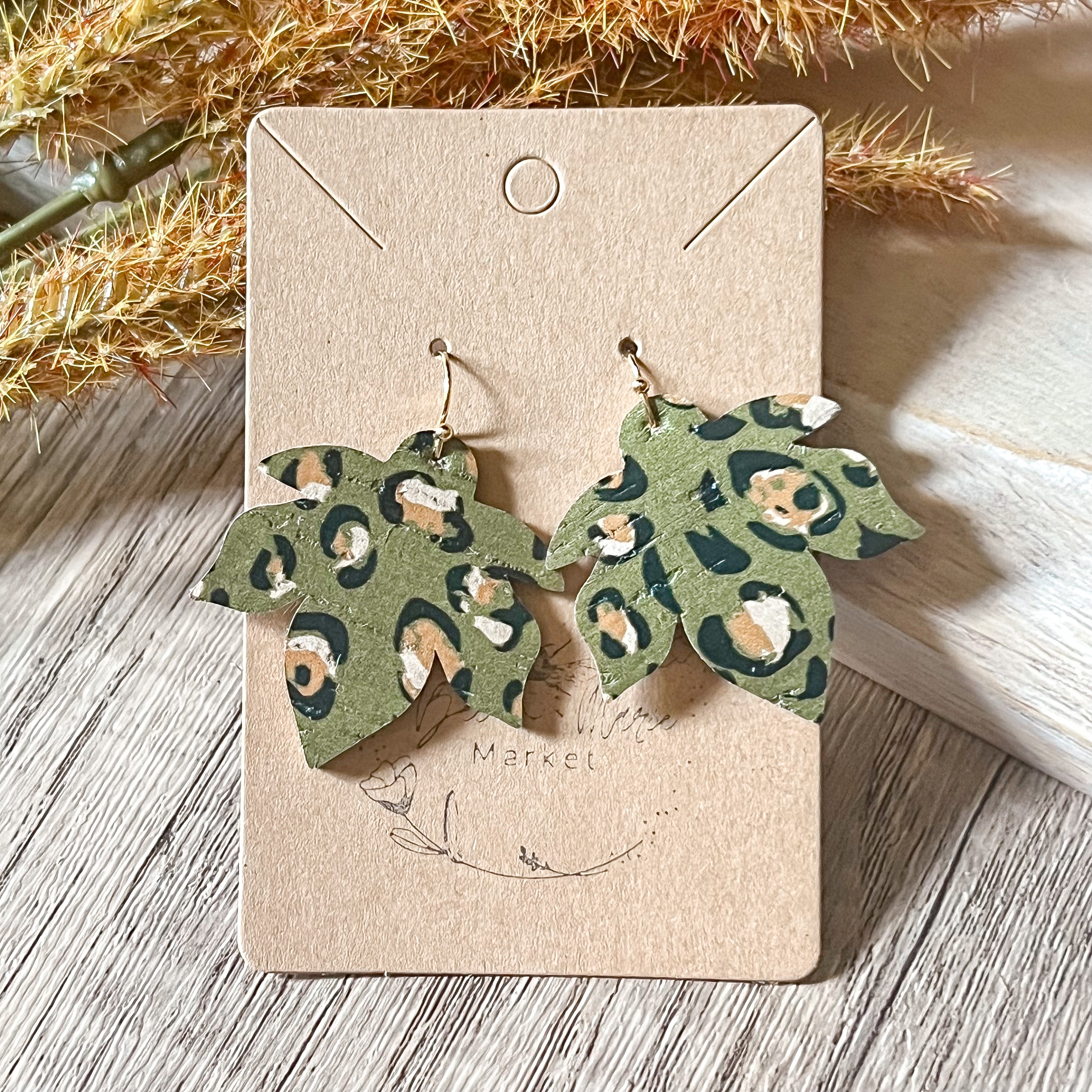 Olive Leopard Spot Leaf Earrings 10DT