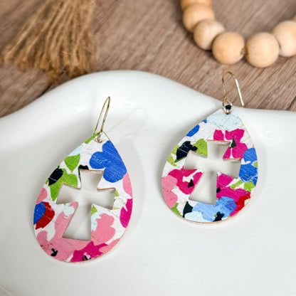 Bold Floral Cutout Cross Earrings