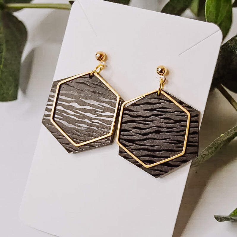 Black Tiger Stripes Hexagon Earrings