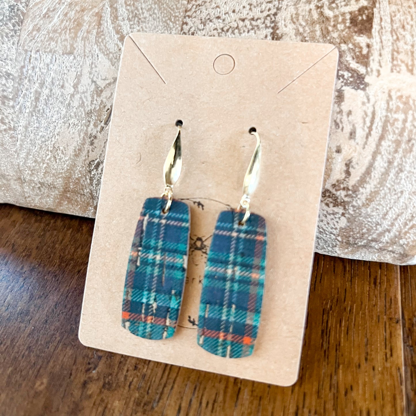 Green Tartan Leather Bar Earrings