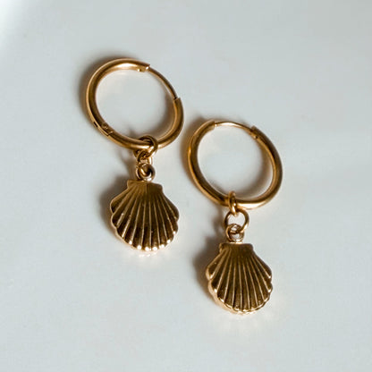 Golden Tide Shell Huggie Earrings - Waterproof