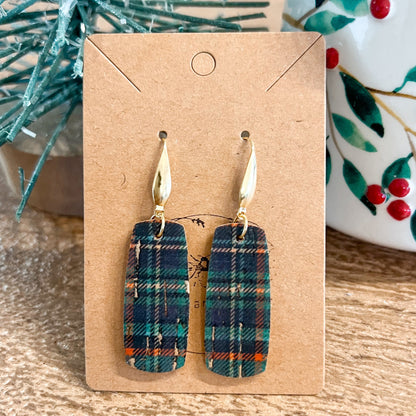 Green Tartan Leather Bar Earrings
