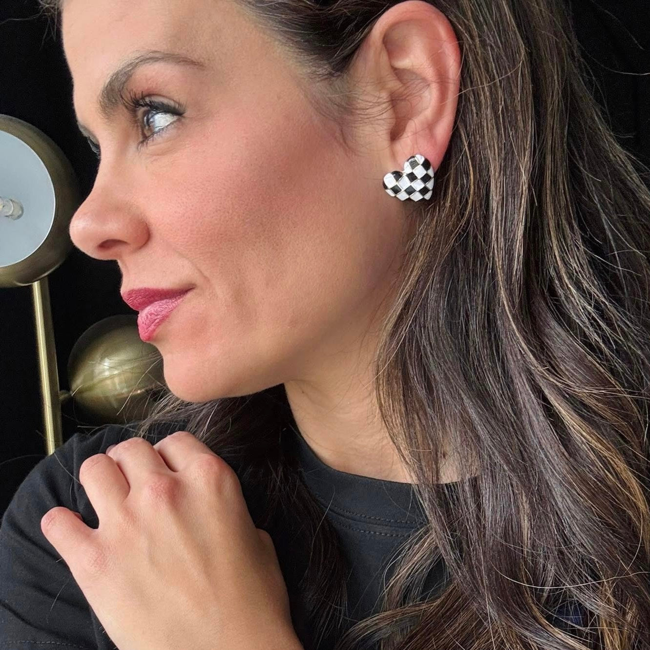 Black & White Checkered Heart Earrings