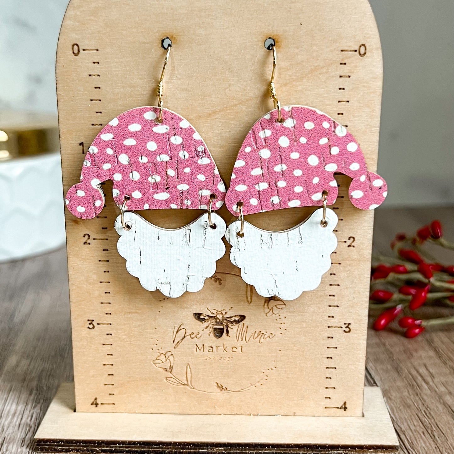 Handmade Pink Polka Dot Santa Hat/Beard Earrings