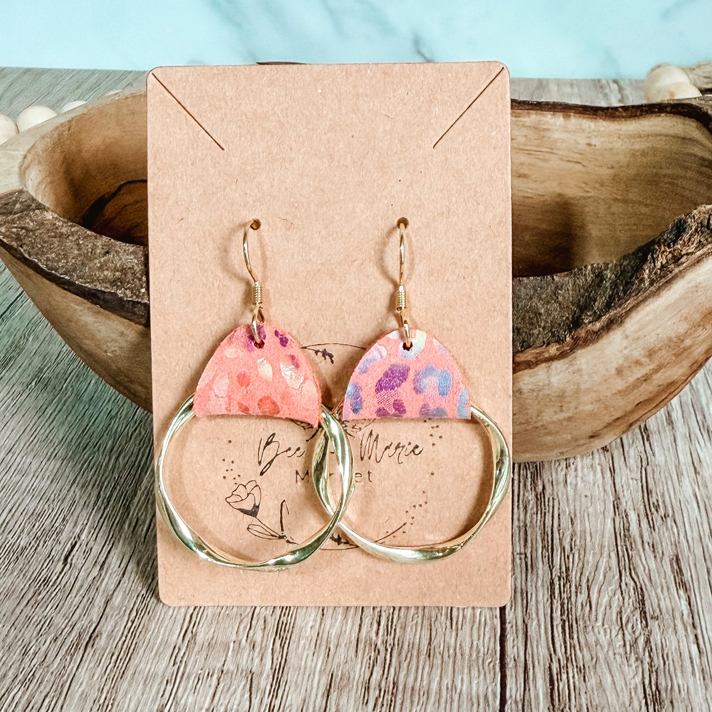Peach Animal Print Twisted Gold Hoops