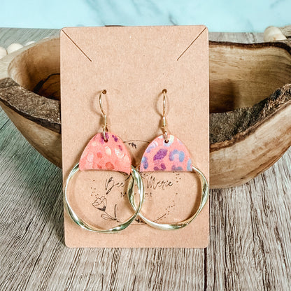 Peach Animal Print Twisted Gold Hoops