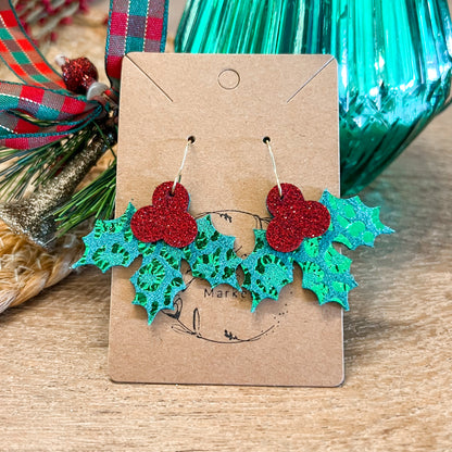 Green Shimmer Holly Jolly Leather Earrings