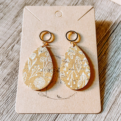 Mustard Floral Leather Teardrop Earrings