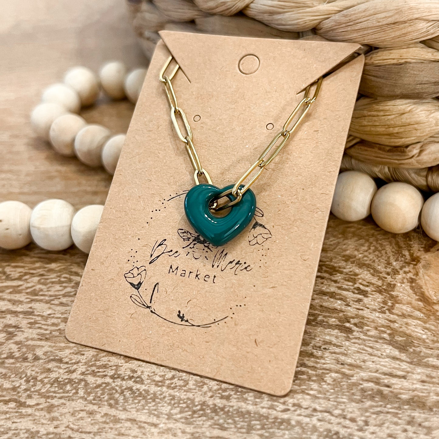 Deep Green Sweetheart Charm Paperclip Necklace