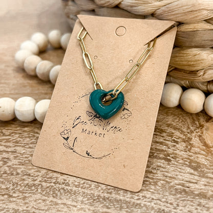 Deep Green Sweetheart Charm Paperclip Necklace