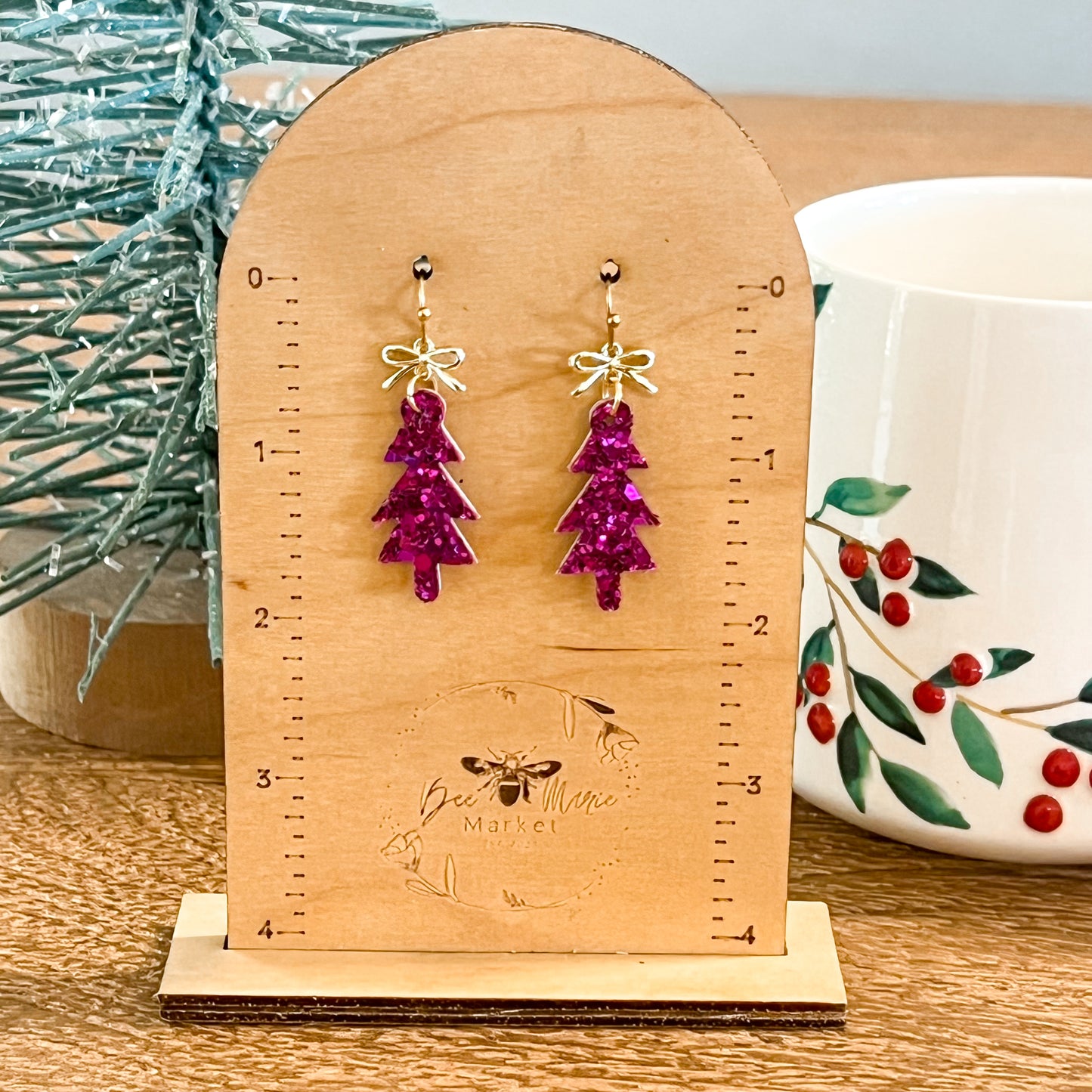 Fuchsia Glitter Skinny Christmas Tree Earrings