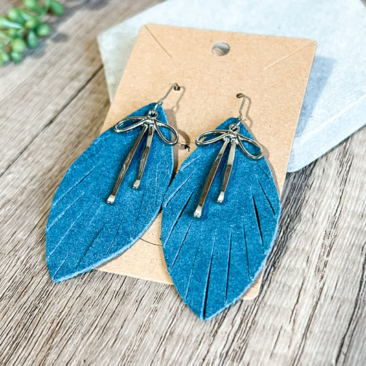 Fall Fringe Bow Leaf Earrings - Teal & Silver