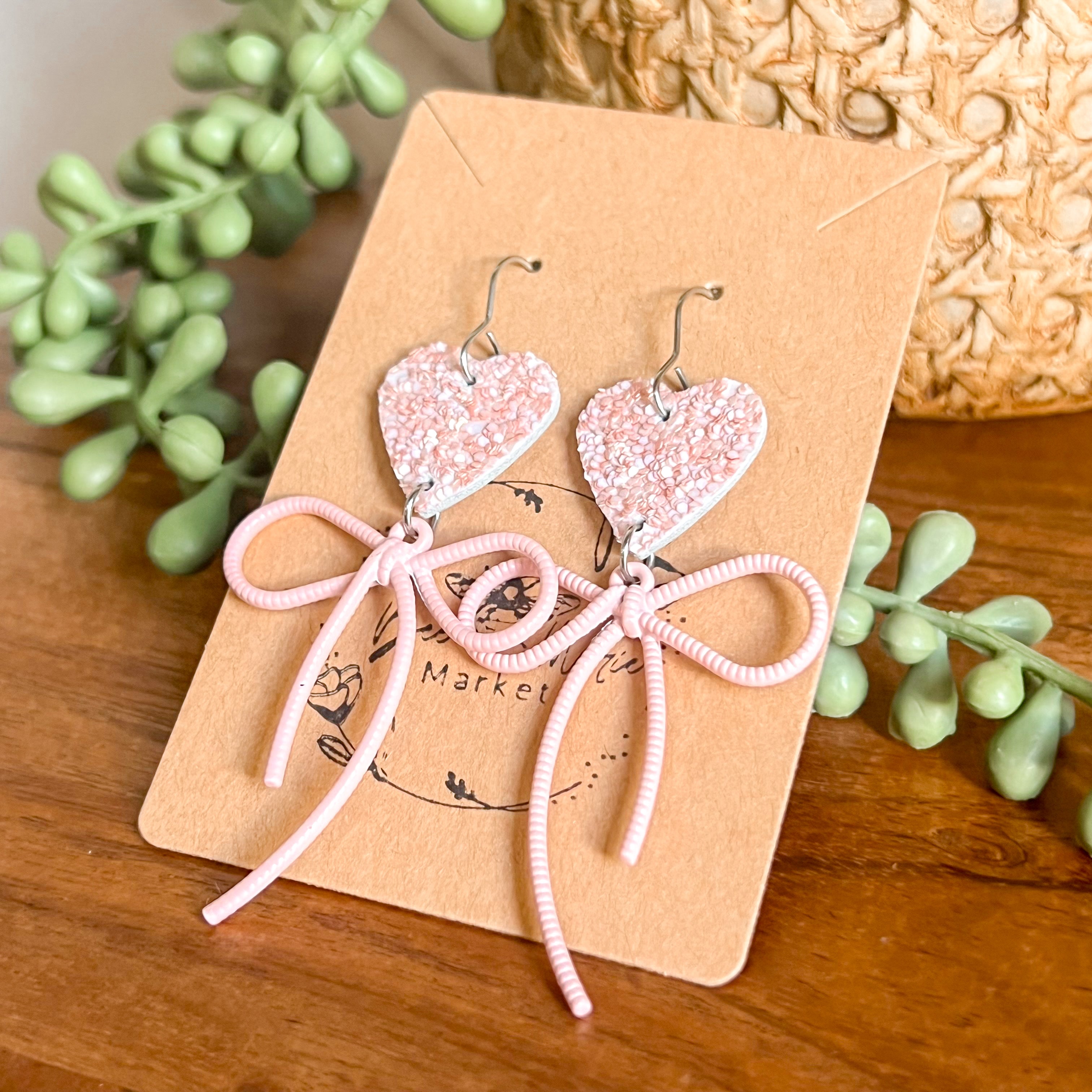 Jasamine Pink Glitter Heart & Bow Earrings