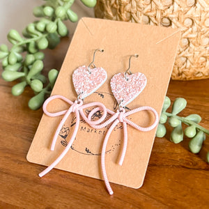 Jasamine Pink Glitter Heart & Bow Earrings