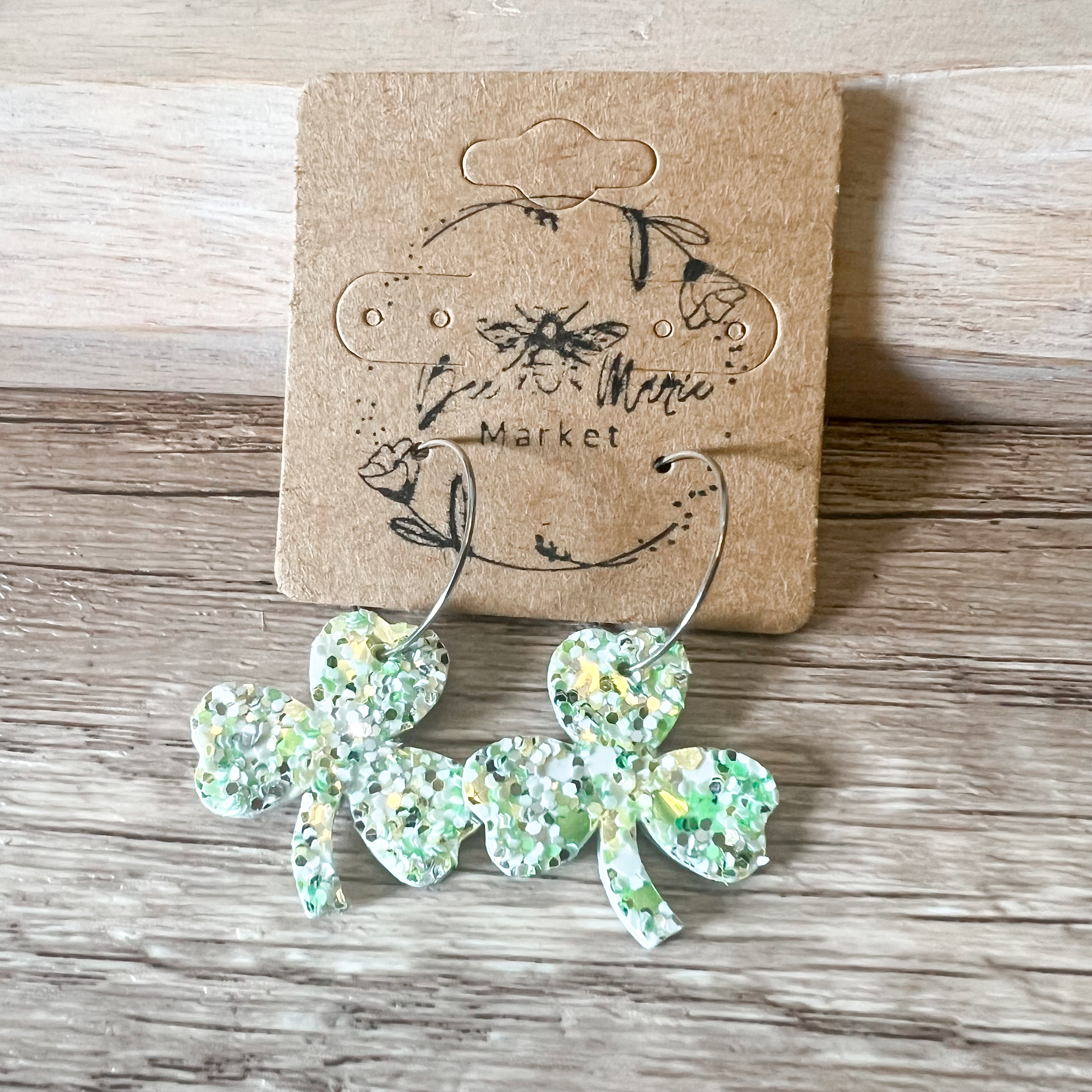 Light Green Glitter Shamrock Hoop Earrings