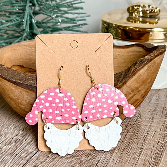 Handmade Pink Polka Dot Santa Hat/Beard Earrings