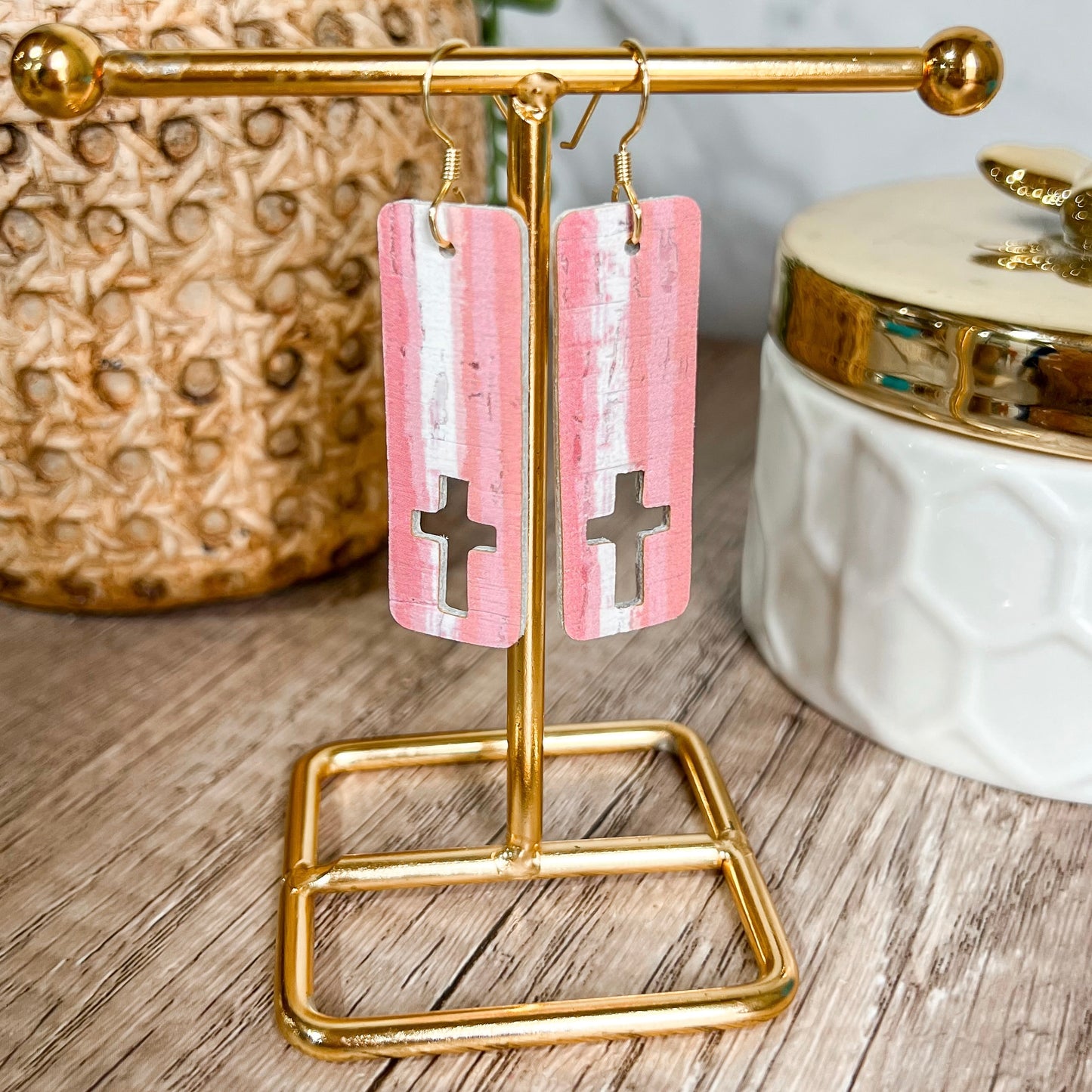 Pink Stripe Cutout Cross Bar Earrings