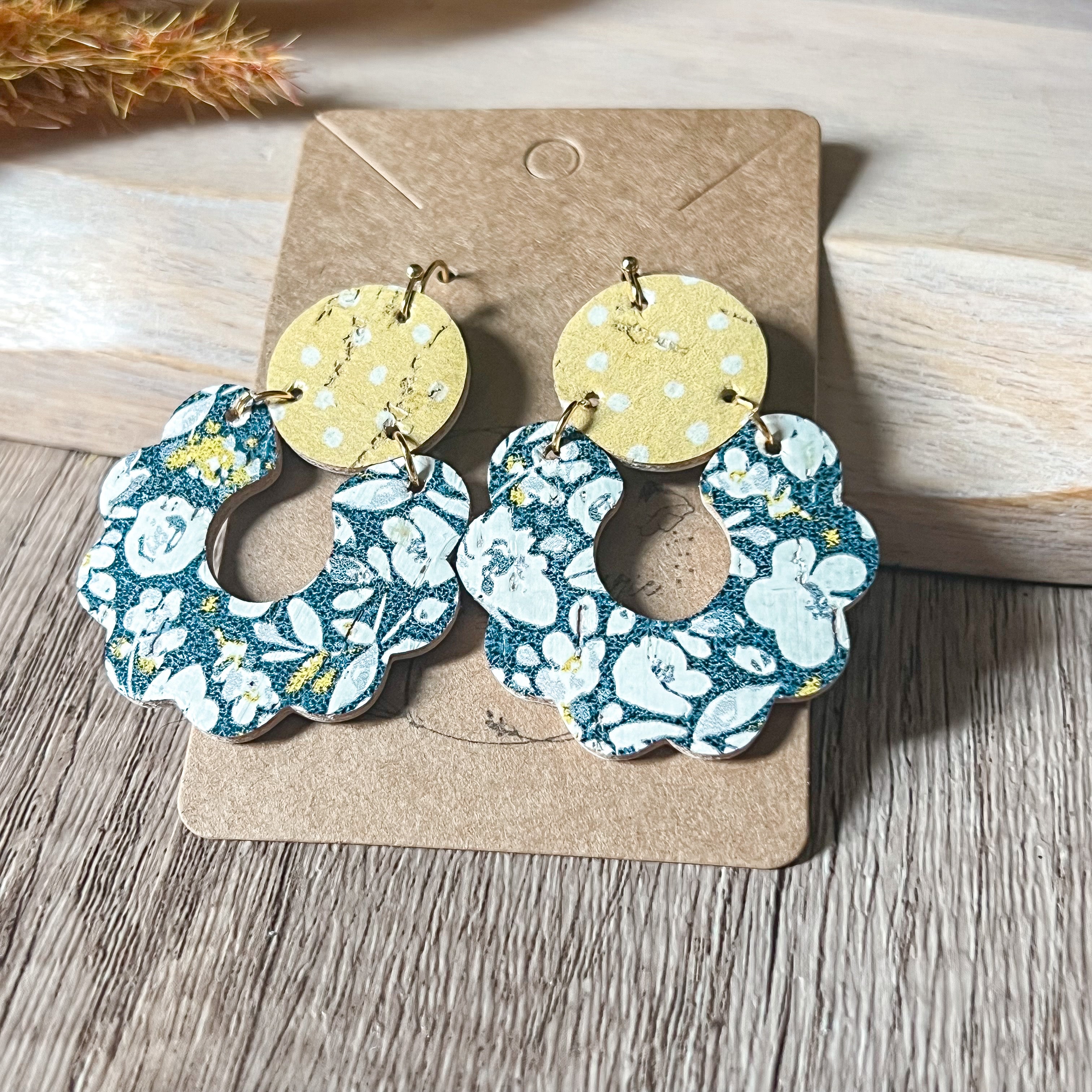 Navy Poppies & Yellow Polka Dot Scalloped Leather Earrings