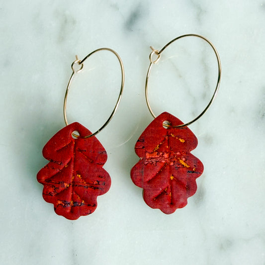 Fall Oak Leaf Cork Hoop Earrings | Lightweight Autumn Earrings