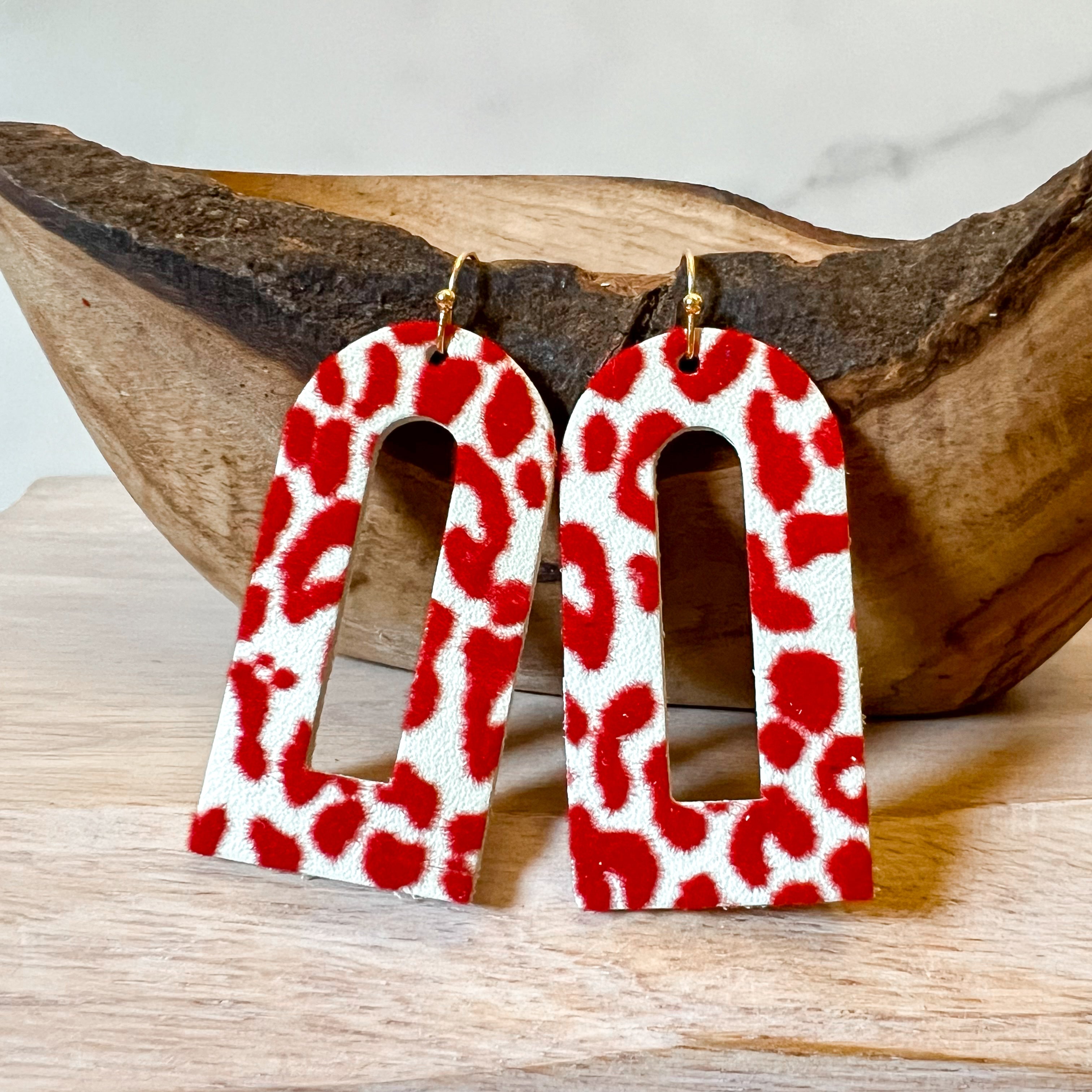 Red Fuzzy Leopard Cutout Arch Earrings