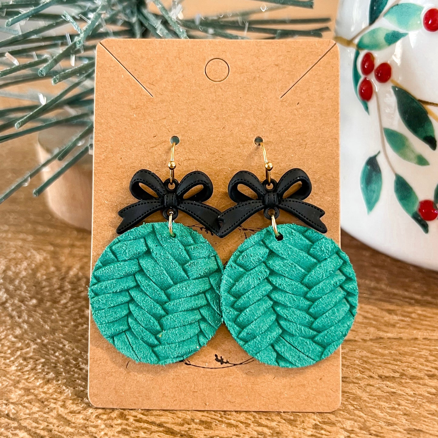 Winter Green & Black Bow Woven Earrings