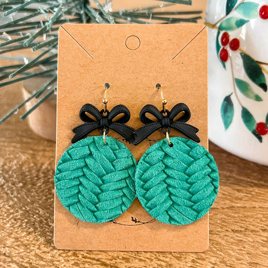 Winter Green & Black Bow Woven Earrings