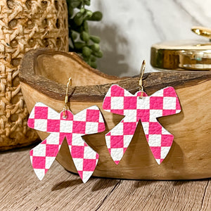 Hot Pink Checkerboard Bow Earrings