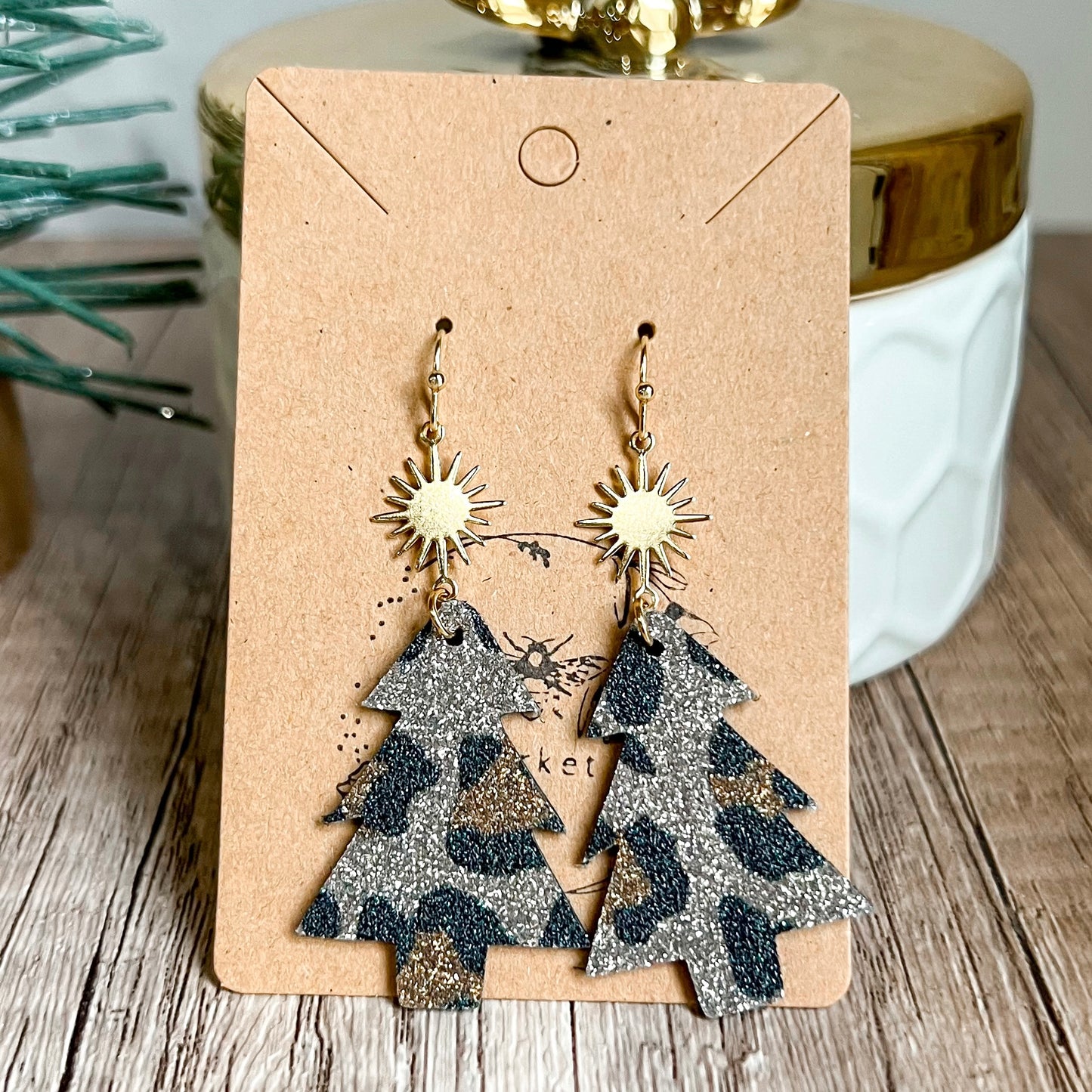 Animal Print Glitter Starburst Christmas Tree Earrings