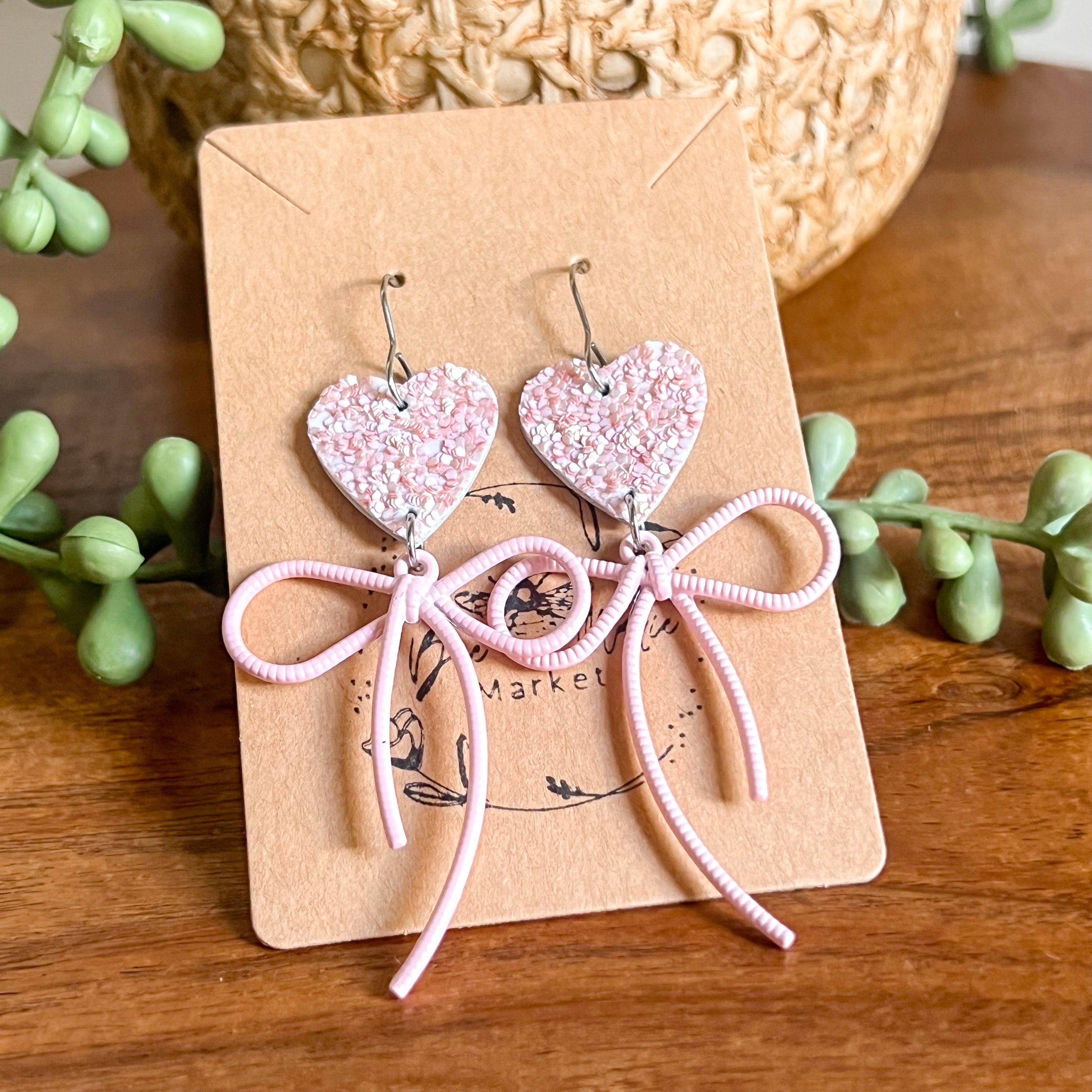 Jasamine Pink Glitter Heart & Bow Earrings