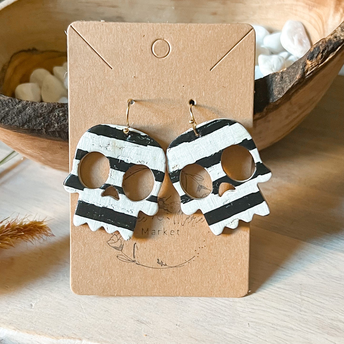 Black & White Stripe Skull Earrings