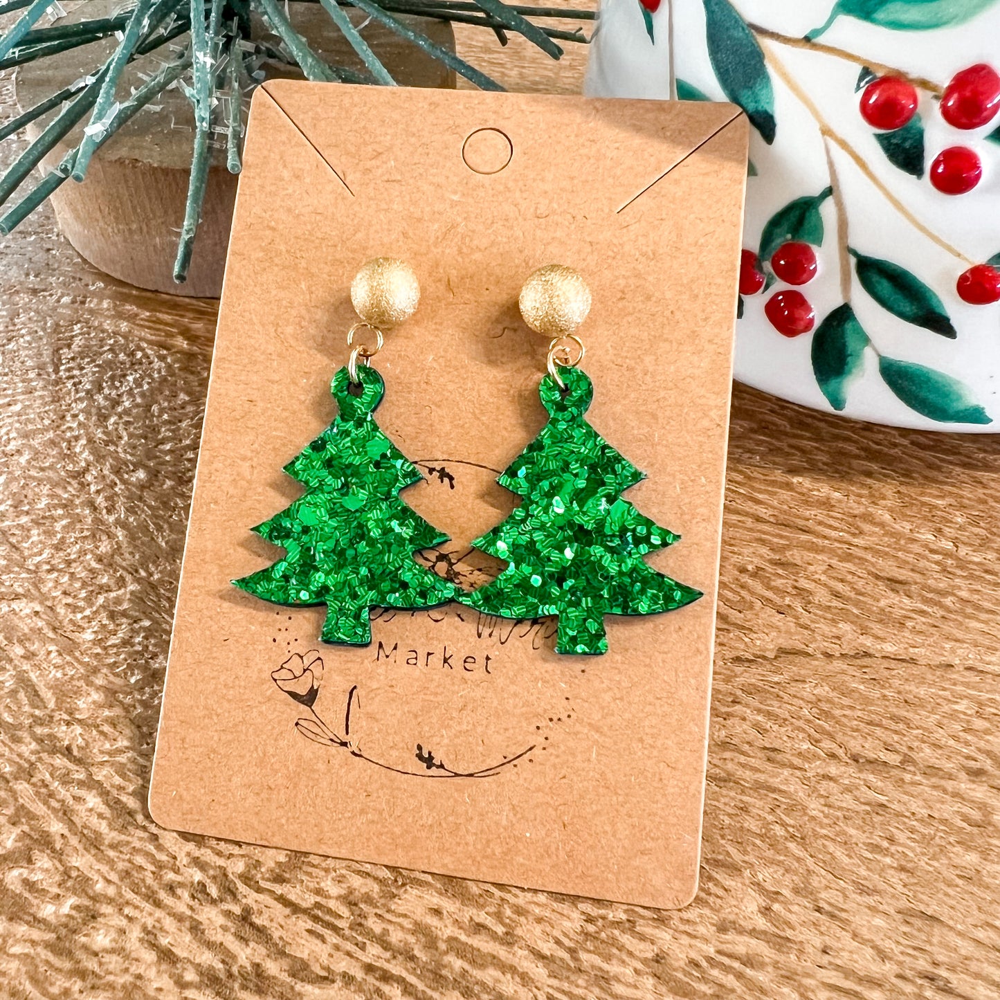 Have a Ball Green Glitter Christmas Tree Earrings