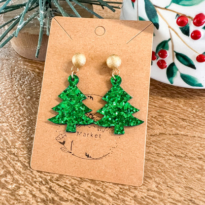 Have a Ball Green Glitter Christmas Tree Earrings