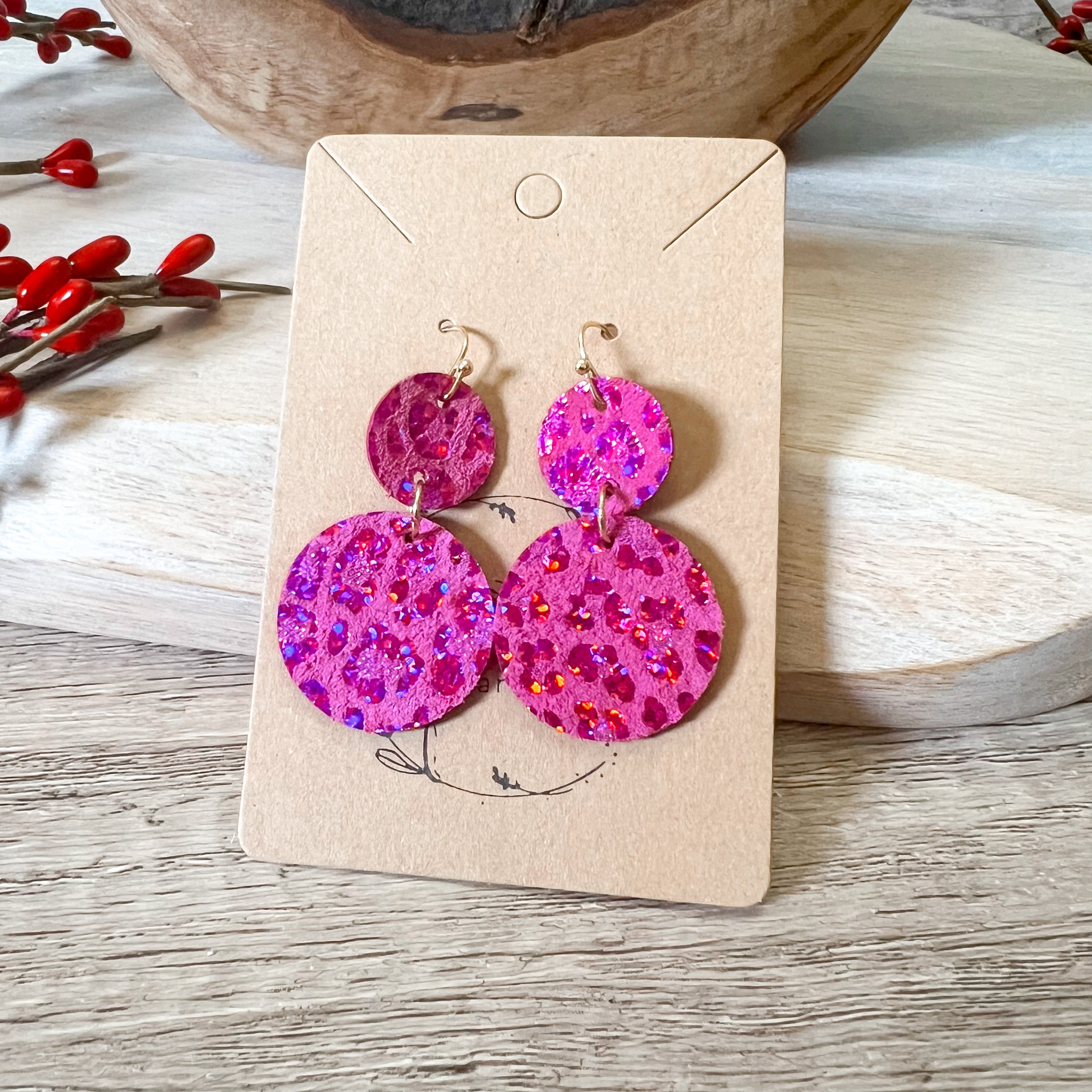 Pink Shimmer Leopard Tiered Round Earrings