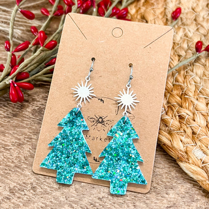 Teal Glitter & Star Christmas Tree Earrings
