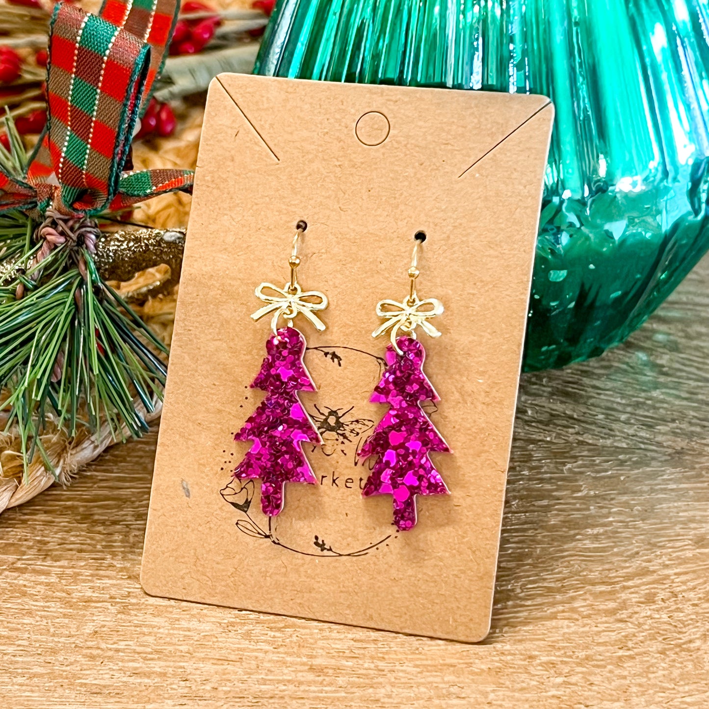 Fuchsia Glitter Skinny Christmas Tree Earrings