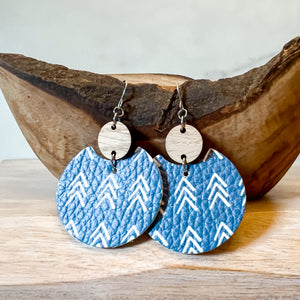 Blue Chevron & Wood Drop Earrings