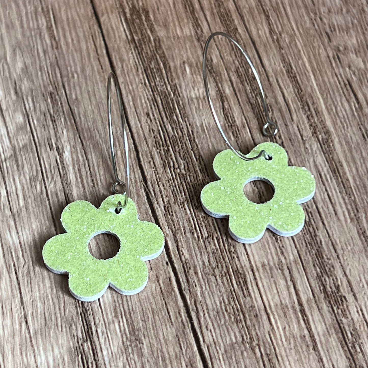 Neon Lime Glitter Flower Hoops