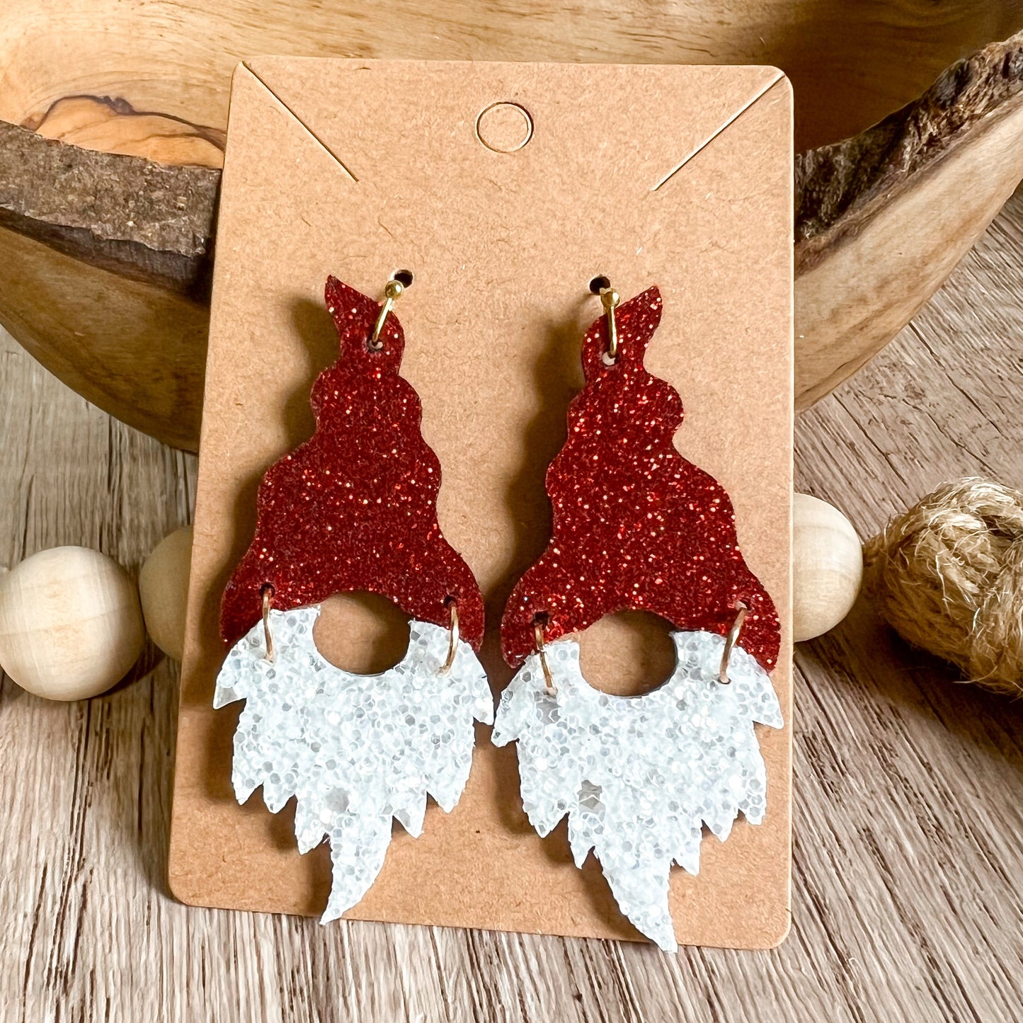 Red Glitter Handmade Christmas Genuine Leather Santa Gnome Earrings