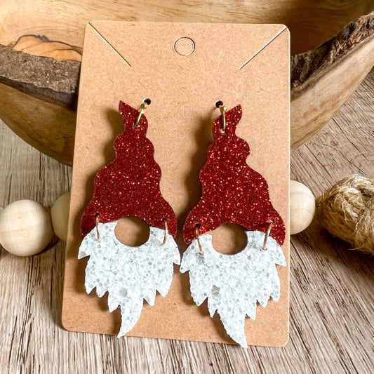 Red Glitter Handmade Christmas Genuine Leather Santa Gnome Earrings