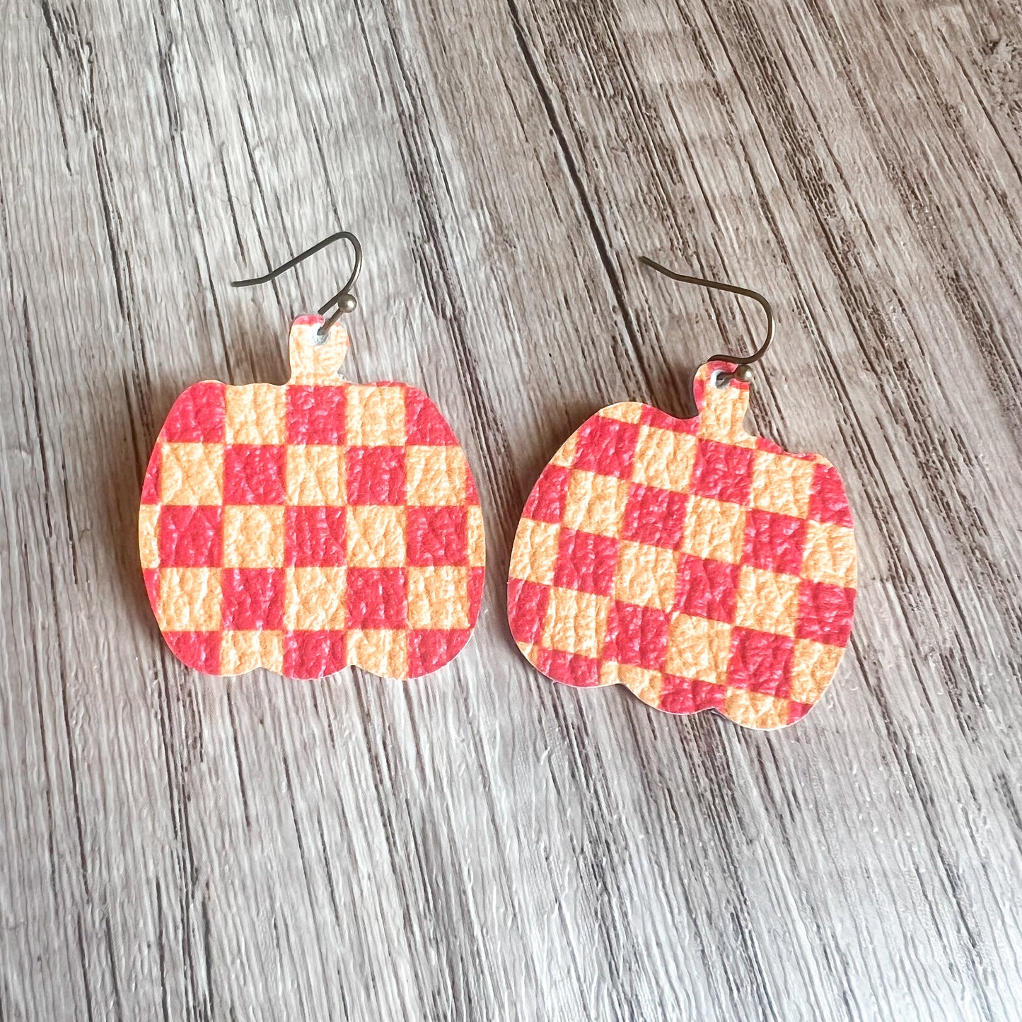 Coral Checkered Pumpkin Earrings