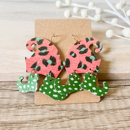 Animal Print Genuine Leather Christmas Elf Earrings