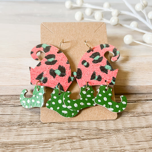 Animal Print Genuine Leather Christmas Elf Earrings