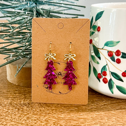Fuchsia Glitter Skinny Christmas Tree Earrings