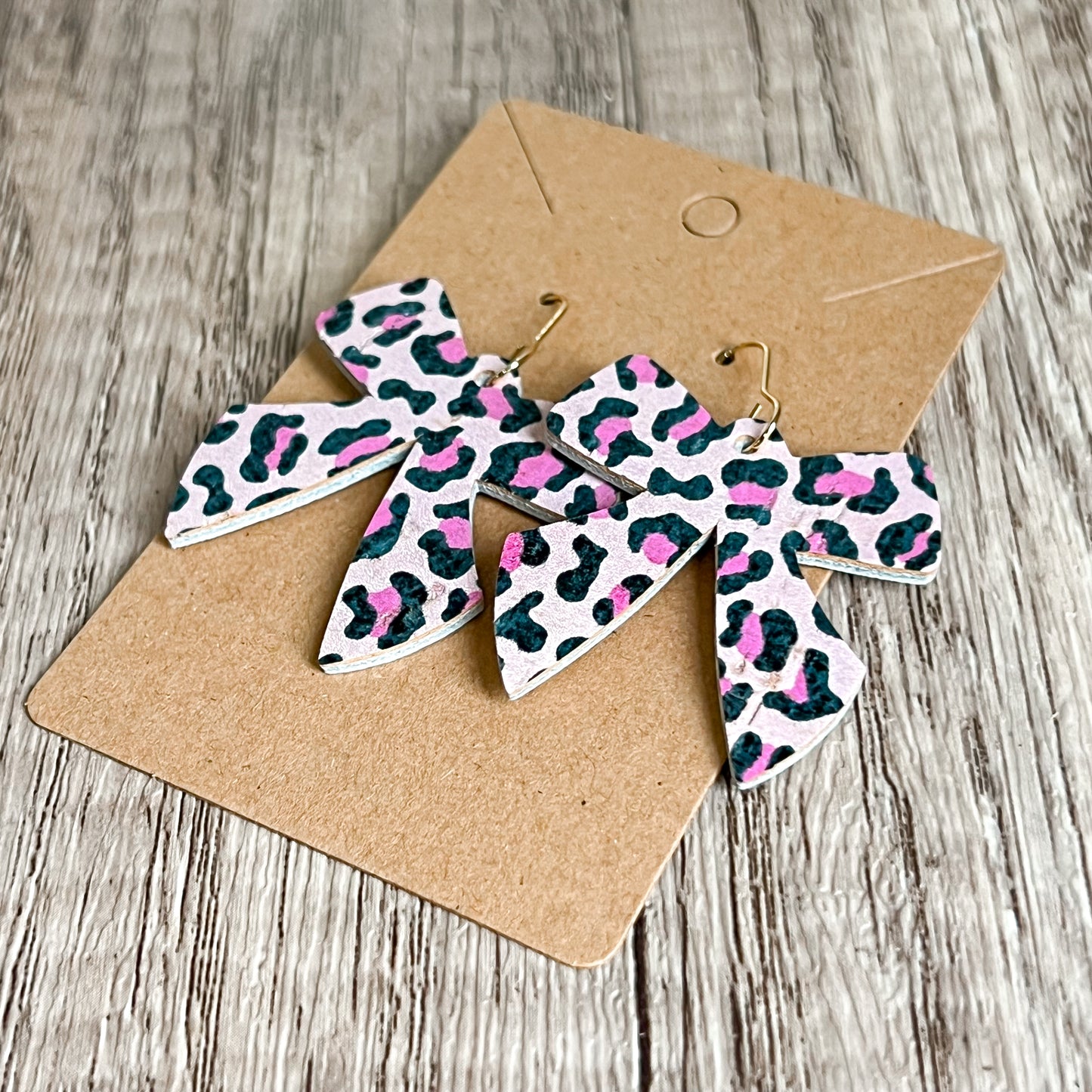 Pink Animal Print Bow Genuine Leather Earrings