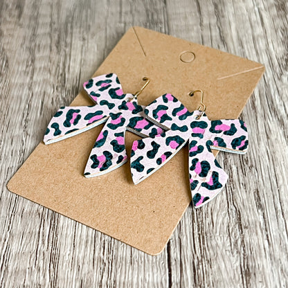 Pink Animal Print Bow Genuine Leather Earrings