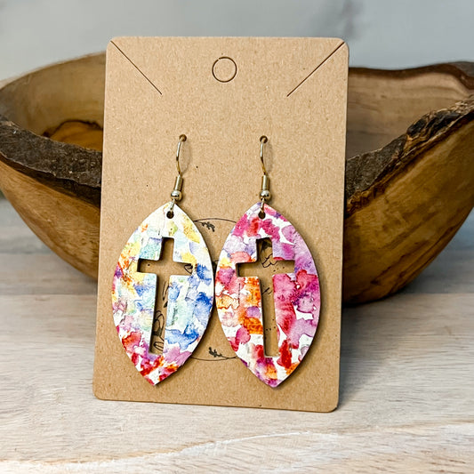Watercolor Floral Cutout Cross Leather Earrings