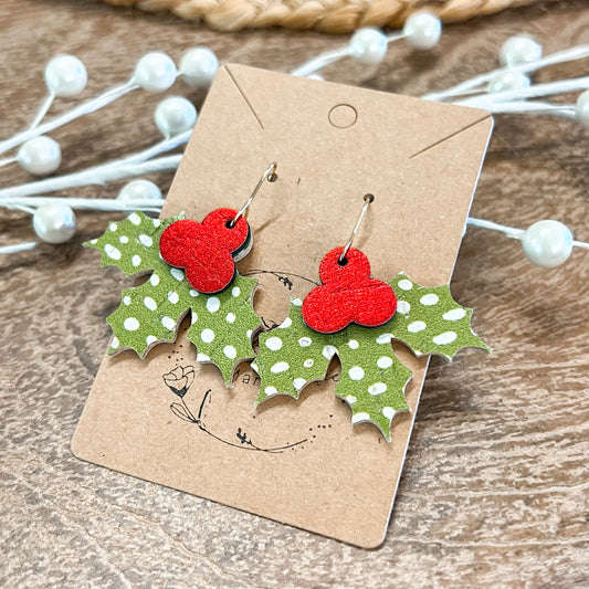 Lime Doodle Dot Holly Jolly Leather Earrings