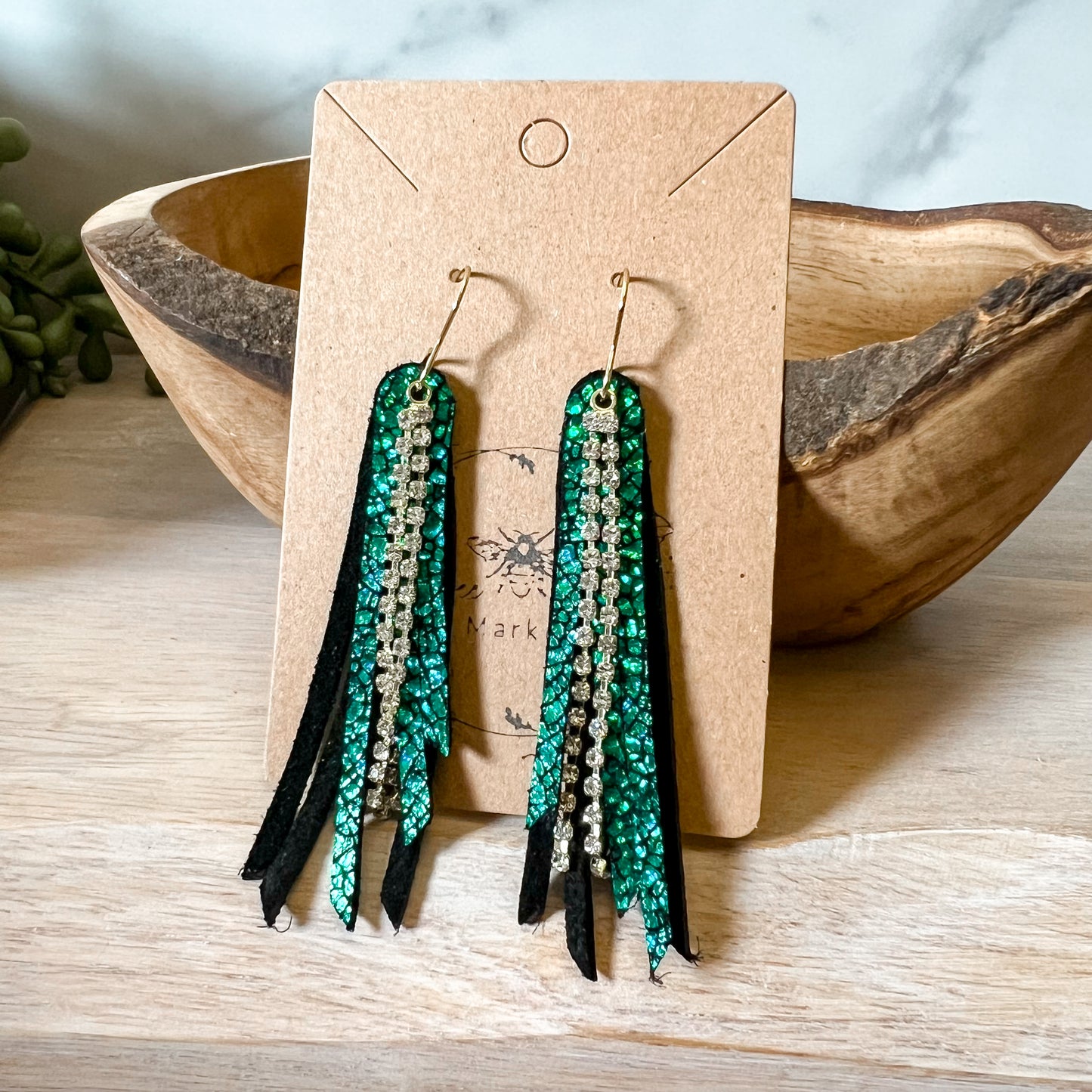 Emerald Cracked Metallic Rhinestone Fringe Earrings