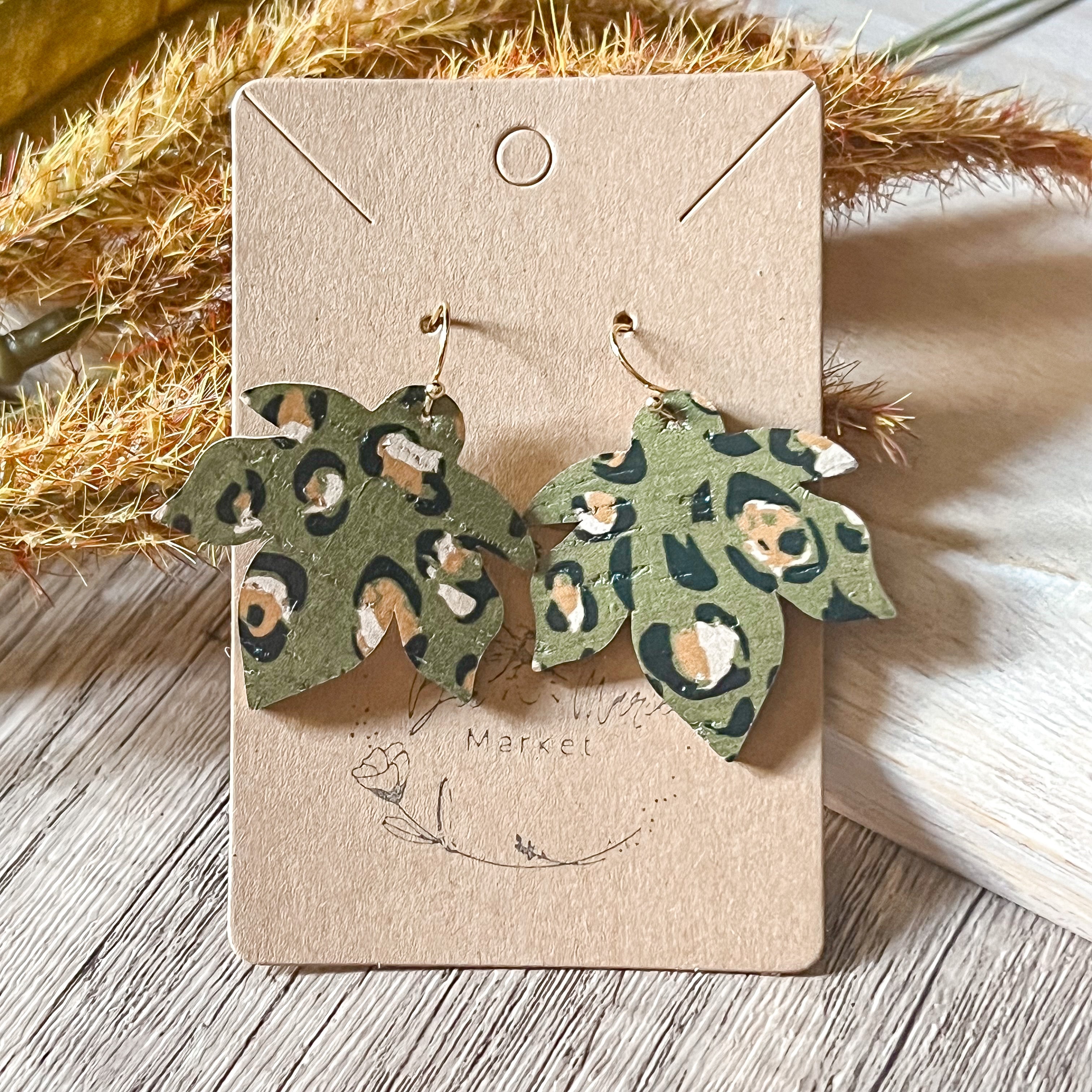 Olive Leopard Spot Leaf Earrings 10DT